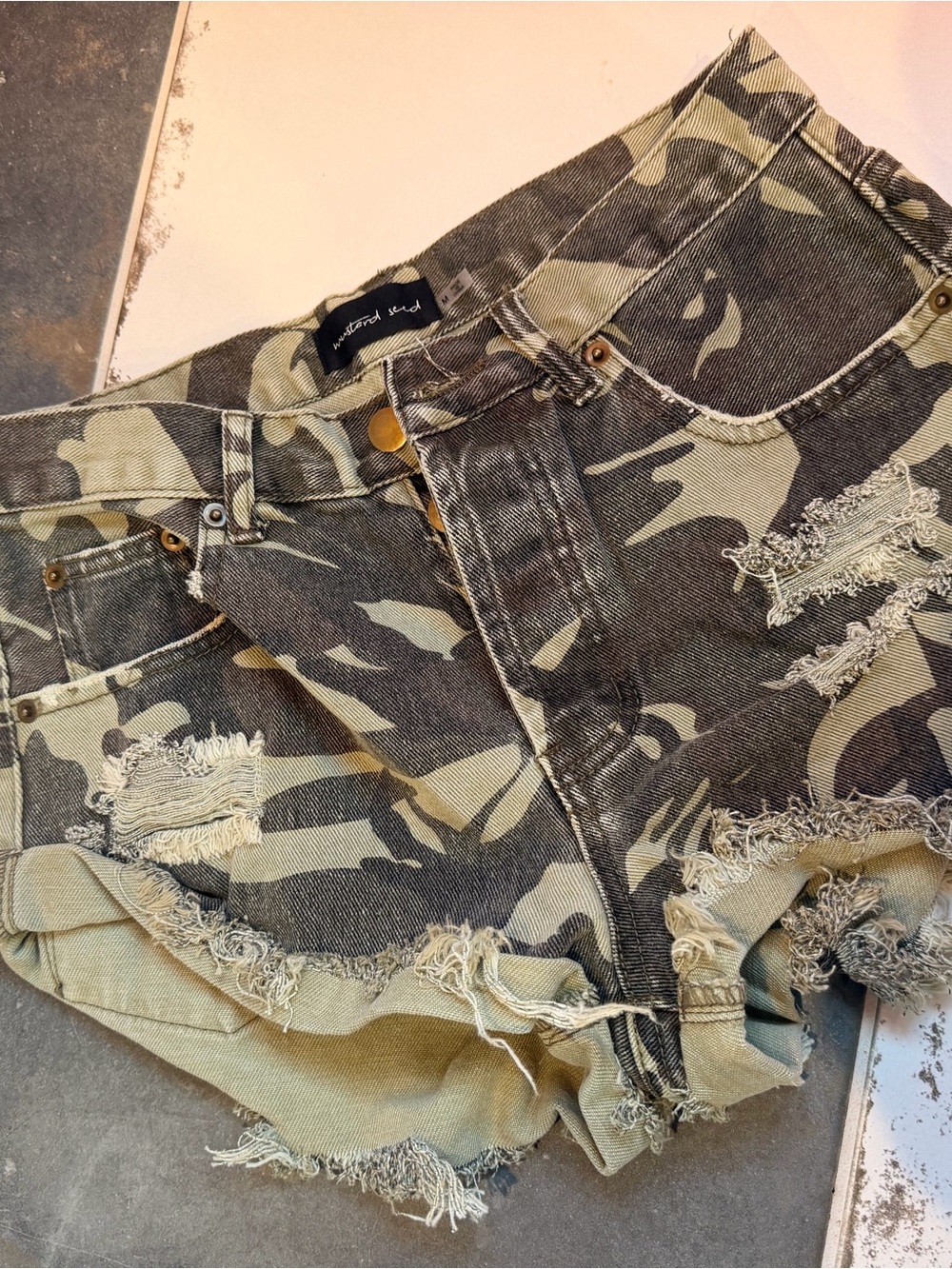 Mustard Seed Olive Camo Distressed Jean Shorts